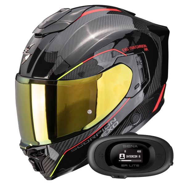 Casque Integral Scorpion Exo 1500 Carbon Air Mundi Black Red Yellow + Kit bluetooth 5R Lite Solo