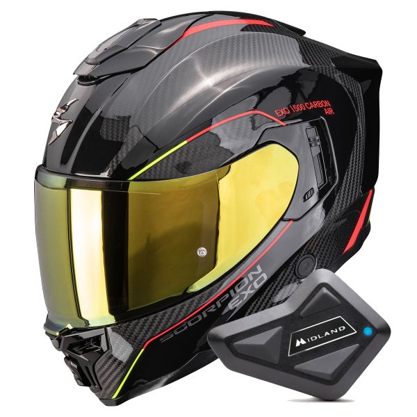 Casque Integral Scorpion Exo 1500 Carbon Air Mundi Black Red Yellow + Kit Bluetooth BT Mini