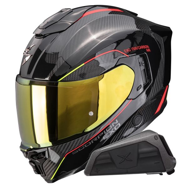 Casque Integral Scorpion Exo 1500 Carbon Air Mundi Black Red Yellow+Kit bluetooth Exo-Com Link-1
