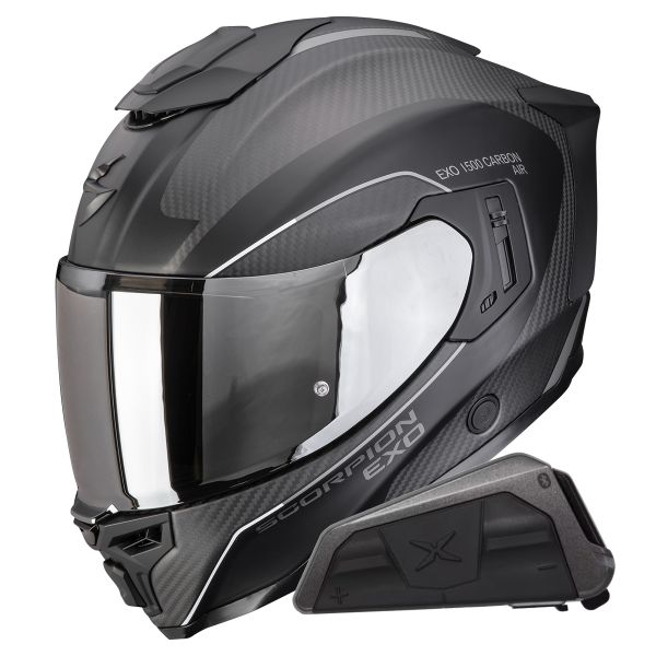 Casque Integral Scorpion Exo 1500 Carbon Air Mundi Matt Black Silver+Kit bluetooth Exo-Com Link-1