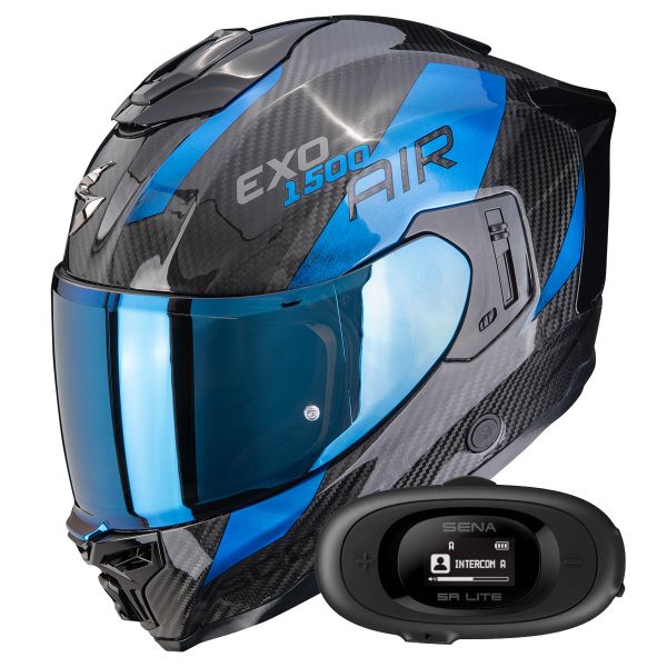 Casque Integral Scorpion Exo 1500 Carbon Air Platted Black Blue + Kit bluetooth 5R Lite Solo