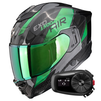 Casque Integral Scorpion Exo 1500 Carbon Air Platted Black Green + Kit Bluetooth 5S Solo