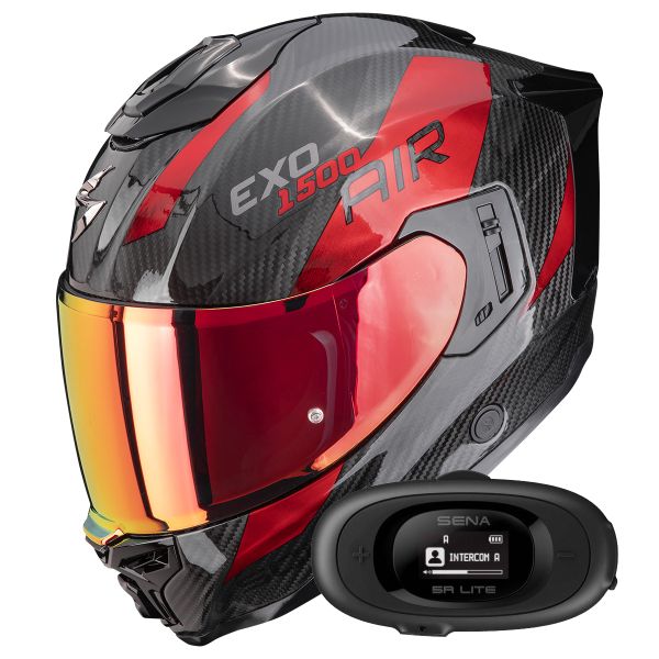 Casque Integral Scorpion Exo 1500 Carbon Air Platted Black Red + Kit bluetooth 5R Lite Solo