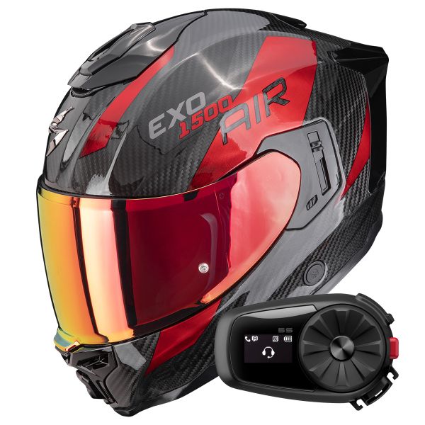Casque Integral Scorpion Exo 1500 Carbon Air Platted Black Red + Kit Bluetooth 5S Solo