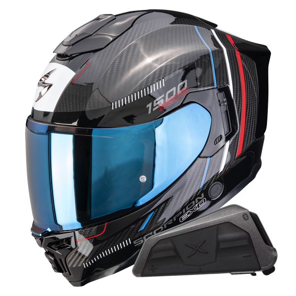 Casque Integral Scorpion Exo 1500 Carbon Air Zity Black Red Blue + Kit bluetooth Exo-Com Link-1