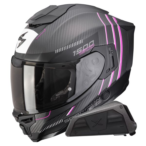 Casque Integral Scorpion Exo 1500 Carbon Air Zity Matt Black Pink + Kit bluetooth Exo-Com Link-1