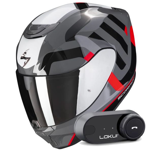 Casque Integral Scorpion Exo 391 Arok Grey Red Black + Kit Bluetooth Lokui K30
