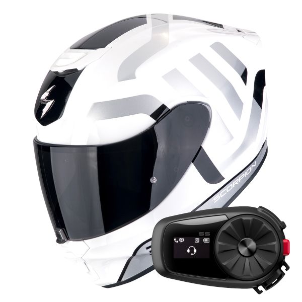 Casque Integral Scorpion Exo 391 Arok White Black Silver + Kit Bluetooth 5S Solo