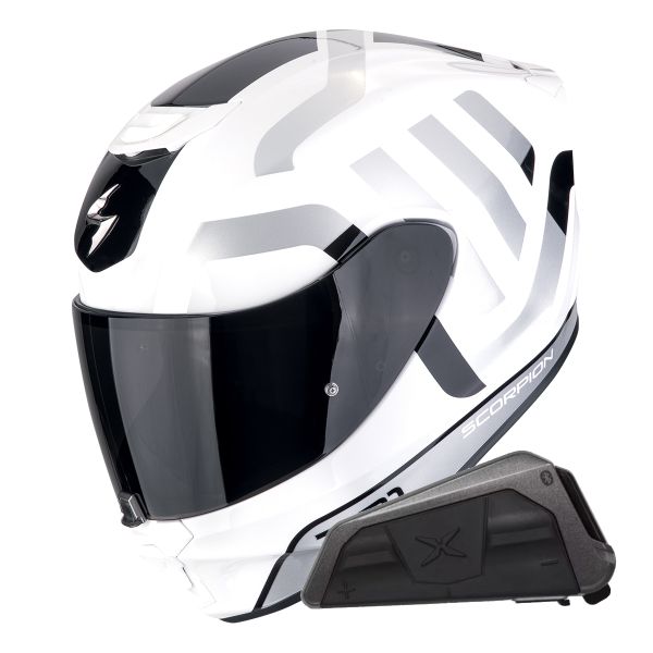 Casque Integral Scorpion Exo 391 Arok White Black Silver + Kit bluetooth Exo-Com Link-1