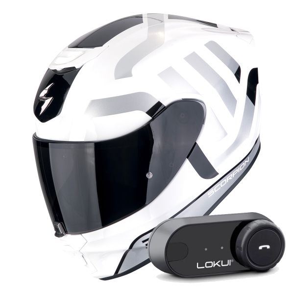 Casque Integral Scorpion Exo 391 Arok White Black Silver + Kit Bluetooth Lokui K30