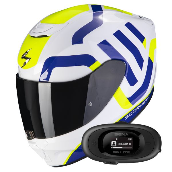 Casque Integral Scorpion Exo 391 Arok White Blue Neon Yellow + Kit bluetooth 5R Lite