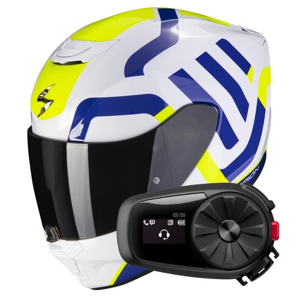 Casque Integral Scorpion Exo 391 Arok White Blue Neon Yellow + Kit Bluetooth 5S