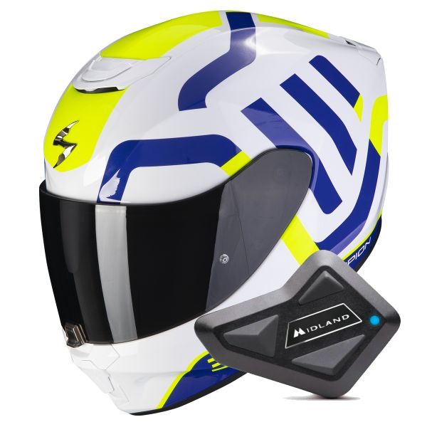 Casque Integral Scorpion Exo 391 Arok White Blue Neon Yellow + Kit bluetooth BT Mini
