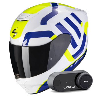 Casque Integral Scorpion Exo 391 Arok White Blue Neon Yellow + Kit Bluetooth Lokui K30