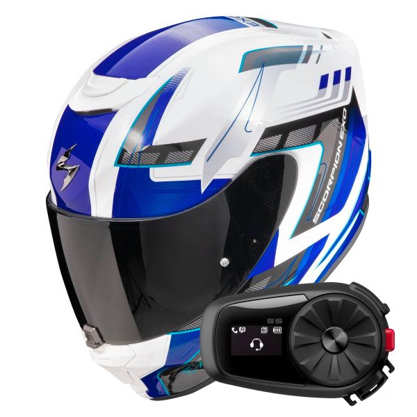 Casque Integral Scorpion Exo 391 Captor White Blue + Kit Bluetooth 5S Solo