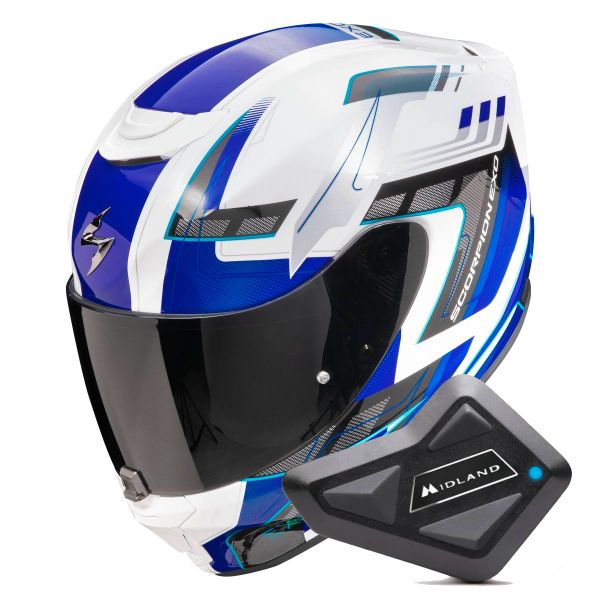 Casque Integral Scorpion Exo 391 Captor White Blue + Kit Bluetooth BT Mini