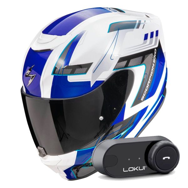 Casque Integral Scorpion Exo 391 Captor White Blue + Kit Bluetooth Lokui K30