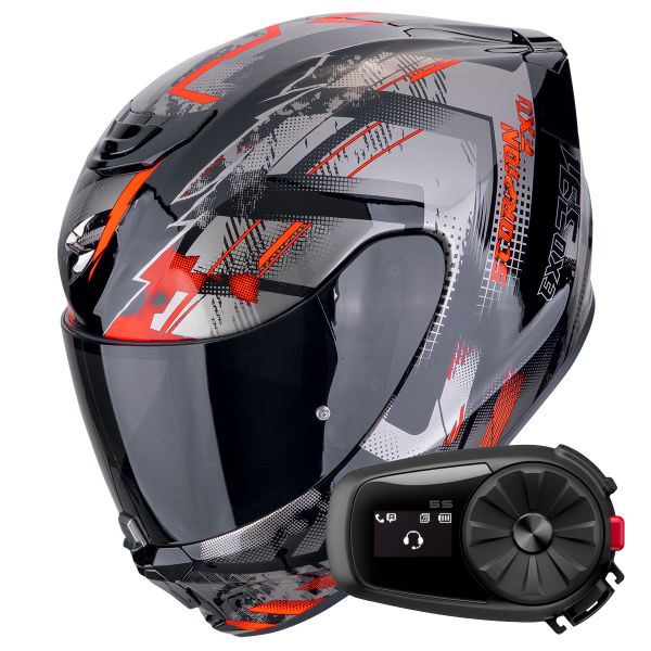 Casque Integral Scorpion Exo 391 Clutter Black Red + Kit Bluetooth 5S Solo