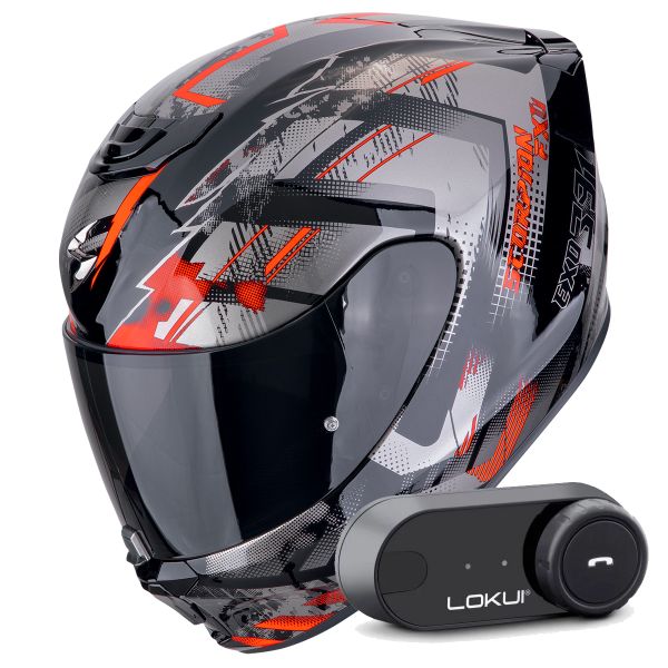 Casque Integral Scorpion Exo 391 Clutter Black Red + Kit Bluetooth Lokui K30