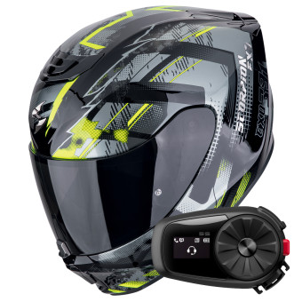 Casque Integral Scorpion Exo 391 Clutter Black Yellow Fluo + Kit Bluetooth 5S Solo