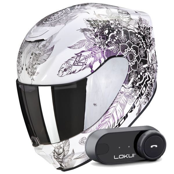 Casque Integral Scorpion Exo 391 Dream White Chameleon + Kit Bluetooth Lokui K30