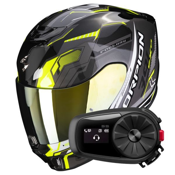 Casque Integral Scorpion Exo 391 Haut Black Silver Neon Yellow + Kit Bluetooth 5S