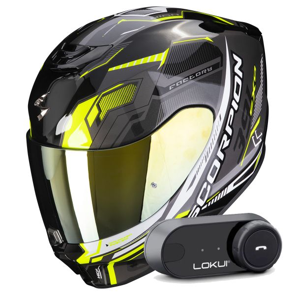 Casque Integral Scorpion Exo 391 Haut Black Silver Neon Yellow + Kit Bluetooth Lokui K30