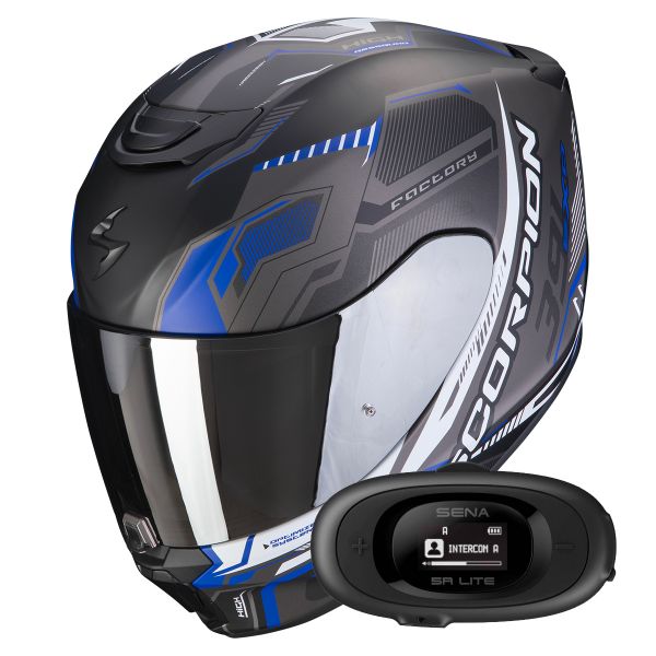 Casque Integral Scorpion Exo 391 Haut Matt Black Silver Blue + Kit bluetooth 5R Lite