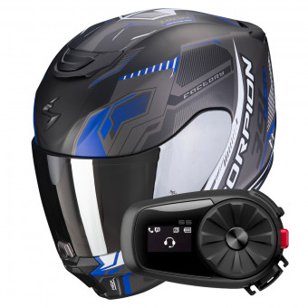 Casque Integral Scorpion Exo 391 Haut Matt Black Silver Blue + Kit Bluetooth 5S