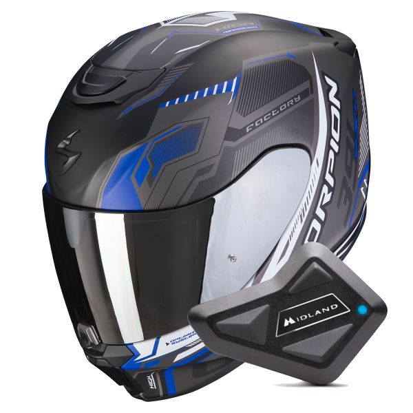 Casque Integral Scorpion Exo 391 Haut Matt Black Silver Blue + Kit bluetooth BT Mini