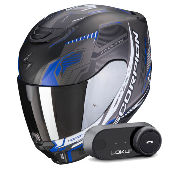 Casque Integral Scorpion Exo 391 Haut Matt Black Silver Blue + Kit Bluetooth Lokui K30