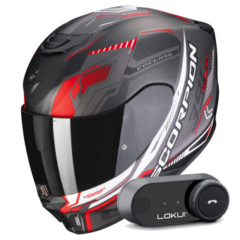 Casque Integral Scorpion Exo 391 Haut Matt Black Silver Red + Kit Bluetooth Lokui K30