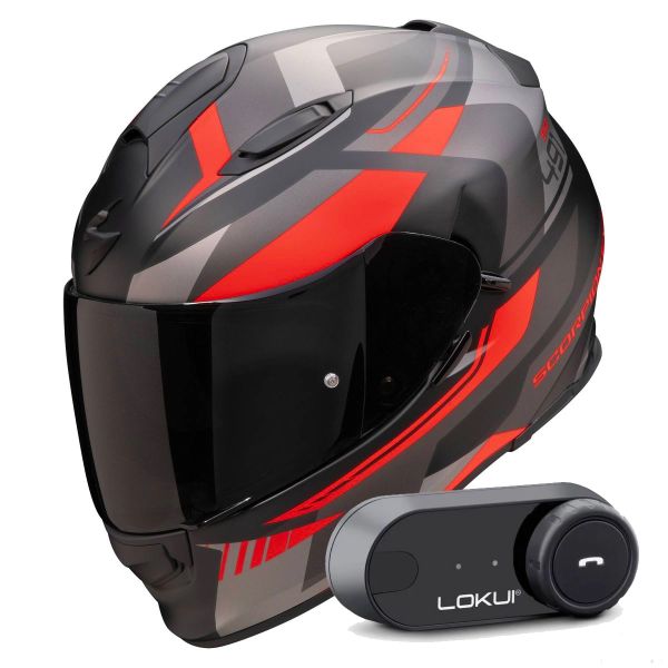 Casque Integral Scorpion Exo 491 Abilis Black Mat Silver Red + Kit Bluetooth Lokui K30