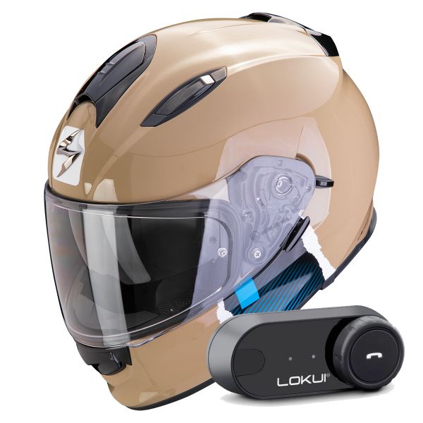 Casque Integral Scorpion Exo 491 Code Sand Blue + Kit Bluetooth Lokui K30