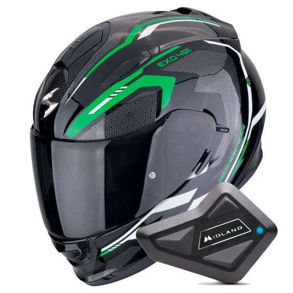 Casque Integral Scorpion Exo 491 Kripta Black Green White + Kit Bluetooth BT Mini
