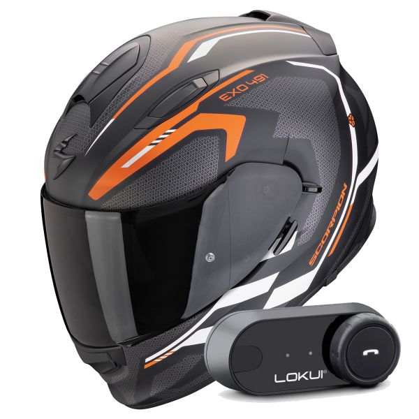 Casque Integral Scorpion Exo 491 Kripta Matt Black Orange White + Kit Bluetooth Lokui K30