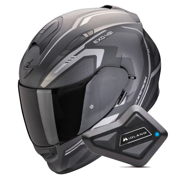 Casque Integral Scorpion Exo 491 Kripta Matt Black Silver + Kit Bluetooth BT Mini