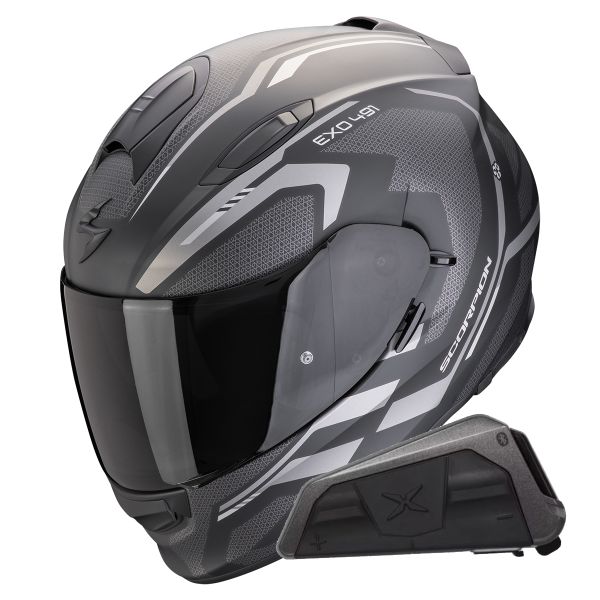 Casque Integral Scorpion Exo 491 Kripta Matt Black Silver + Kit bluetooth Exo-Com Link-1