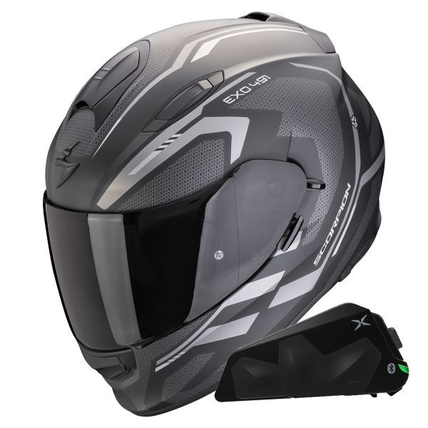 Casque Integral Scorpion Exo 491 Kripta Matt Black Silver + Kit bluetooth Exo-Com Link-1C