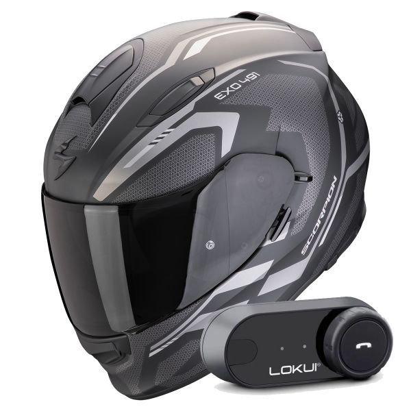 Casque Integral Scorpion Exo 491 Kripta Matt Black Silver + Kit Bluetooth Lokui K30