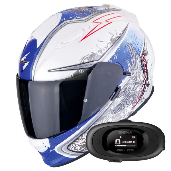 Casque Integral Scorpion Exo 491 Run White Blue + Kit bluetooth 5R Lite