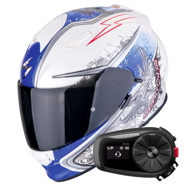 Casque Integral Scorpion Exo 491 Run White Blue + Kit Bluetooth 5S Solo