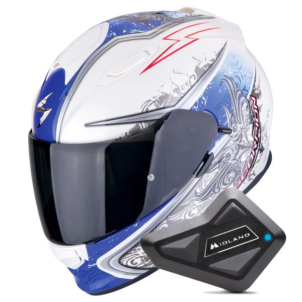 Casque Integral Scorpion Exo 491 Run White Blue + Kit Bluetooth BT Mini