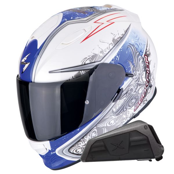 Casque Integral Scorpion Exo 491 Run White Blue + Kit bluetooth Exo-Com Link-1
