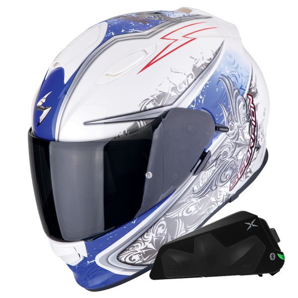 Casque Integral Scorpion Exo 491 Run White Blue + Kit bluetooth Exo-Com Link-1C