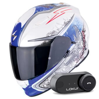 Casque Integral Scorpion Exo 491 Run White Blue + Kit Bluetooth Lokui K30
