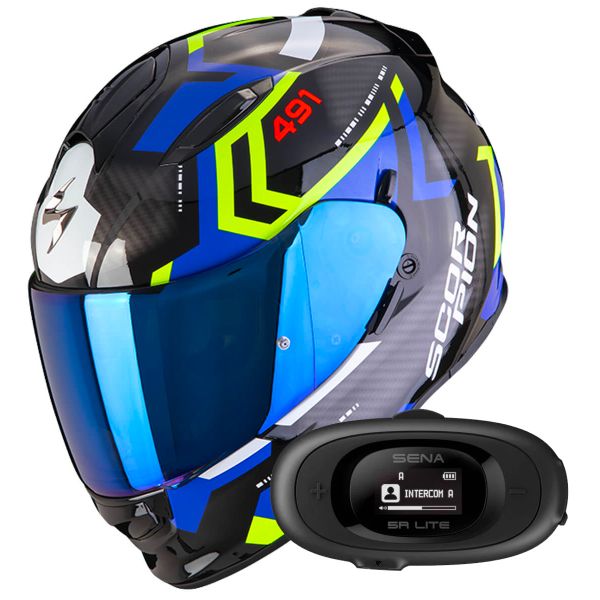 Casque Integral Scorpion Exo 491 Spin Black Blue Yellow Fluo + Kit bluetooth 5R Lite