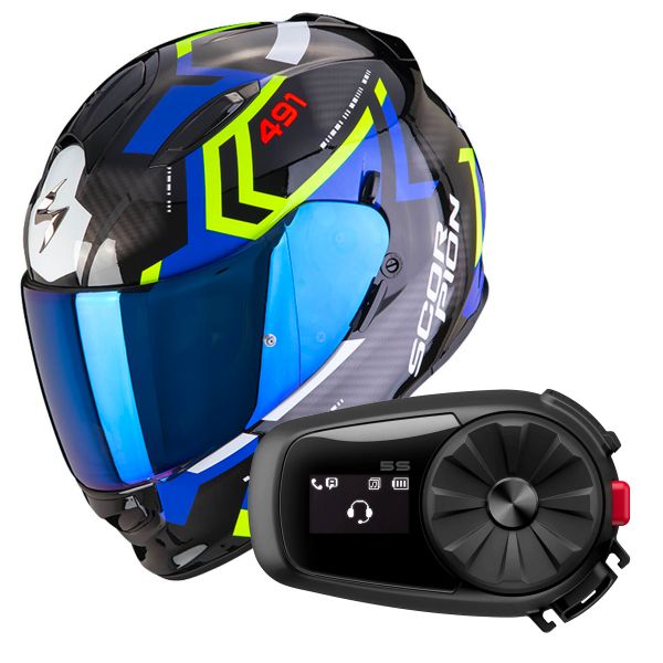 Casque Integral Scorpion Exo 491 Spin Black Blue Yellow Fluo + Kit Bluetooth 5S