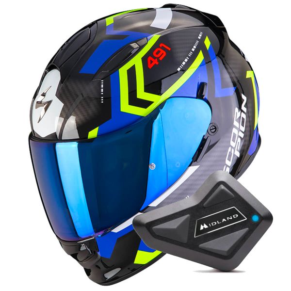 Casque Integral Scorpion Exo 491 Spin Black Blue Yellow Fluo + Kit Bluetooth BT Mini
