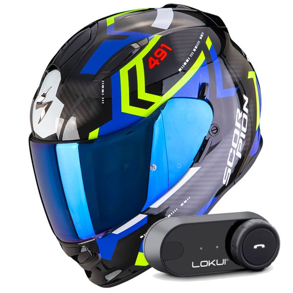 Casque Integral Scorpion Exo 491 Spin Black Blue Yellow Fluo + Kit Bluetooth Lokui K30
